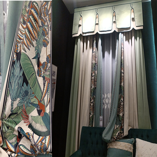 新款浅绿色拼接米白色田园美式轻奢卧室客厅儿童遮光安装定制窗帘