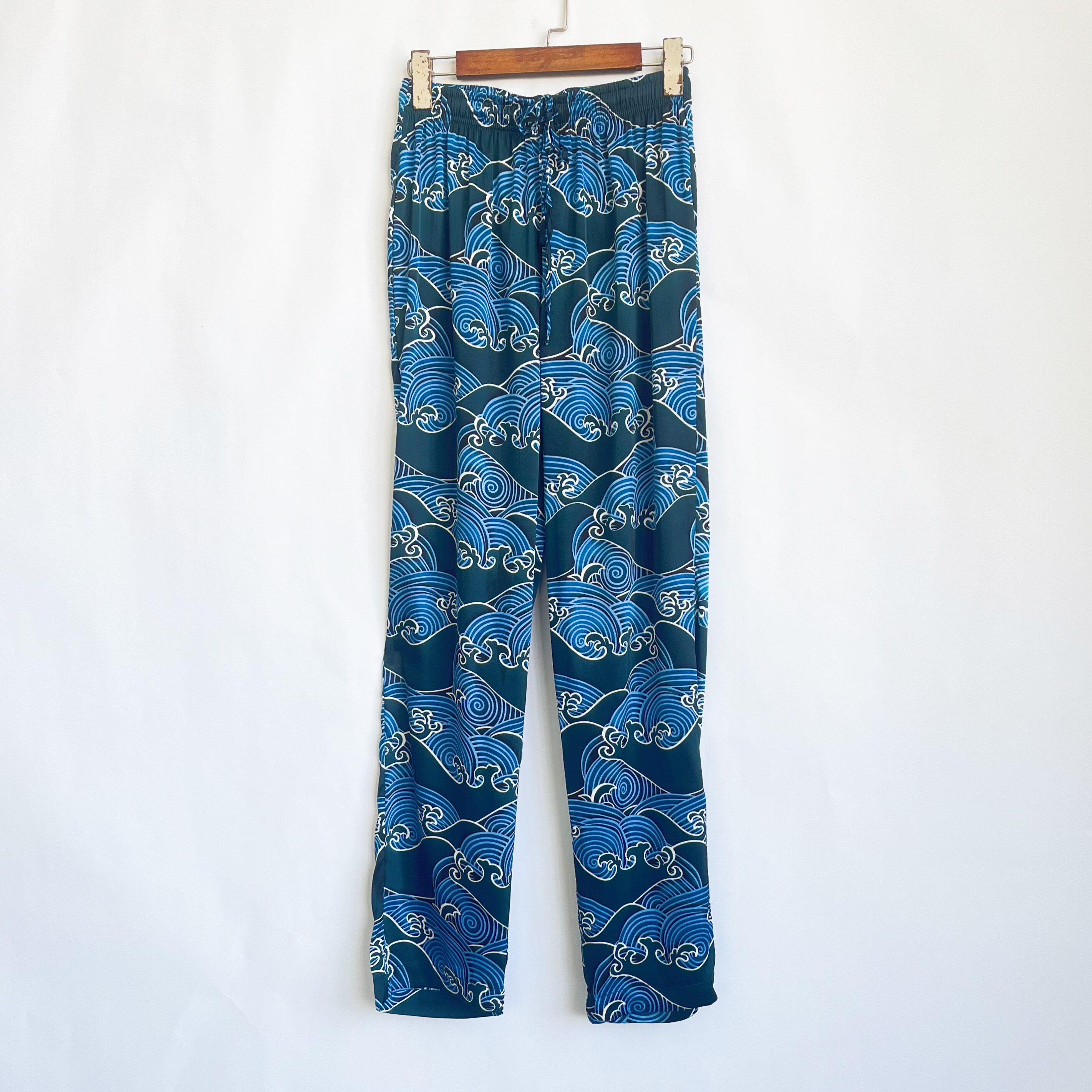 高级感蓝色印花丝滑舒适休闲裤 2025夏季女松紧腰居家薄款长裤