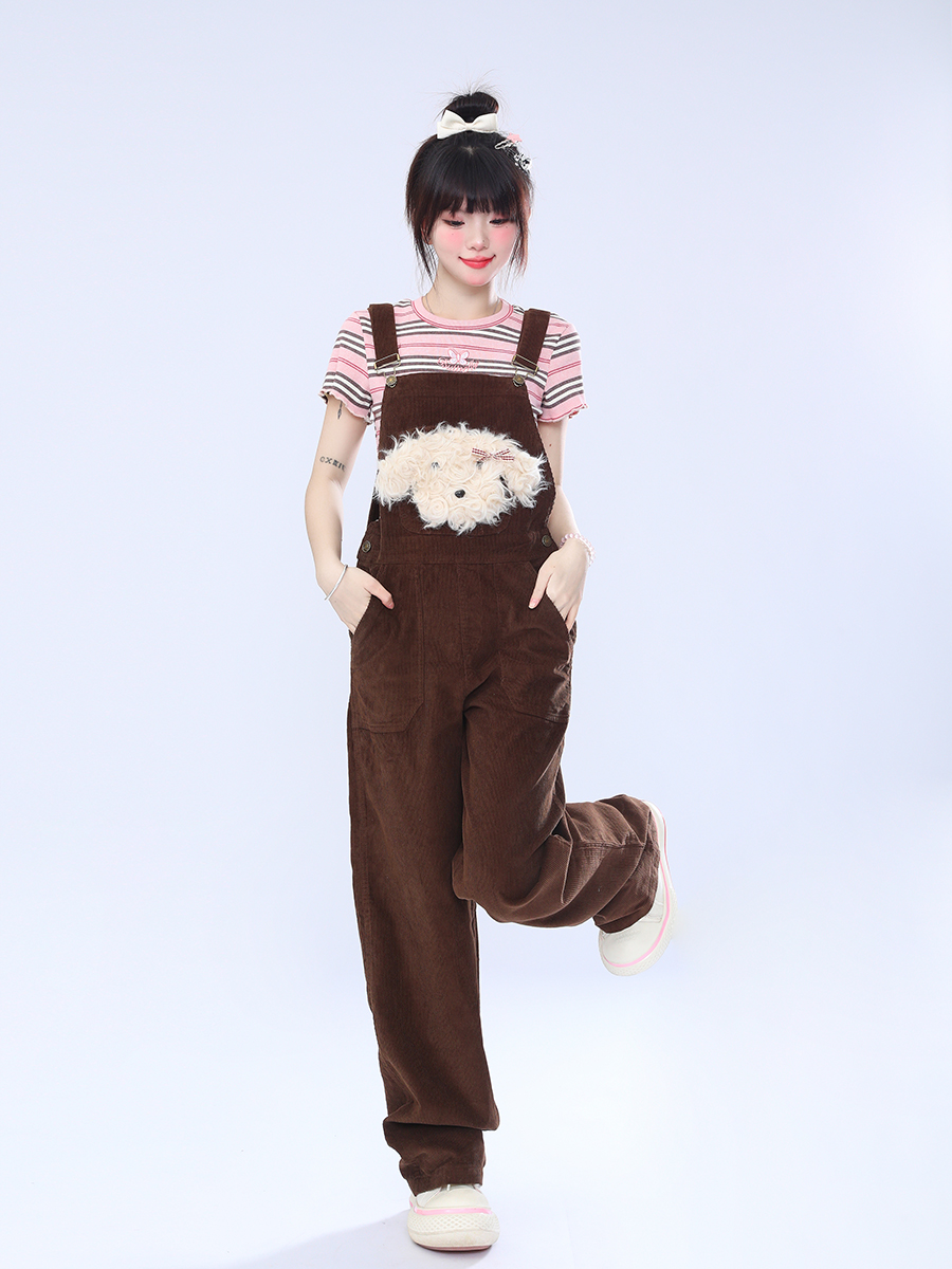 MEIM柠檬美拉德棕色小狗背带裤女小众设计感灯芯绒裙子设计感阔腿