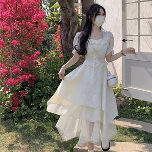 绝美白色连衣裙女夏季2025新款小个子蛋糕长裙收腰仙气初恋小白裙