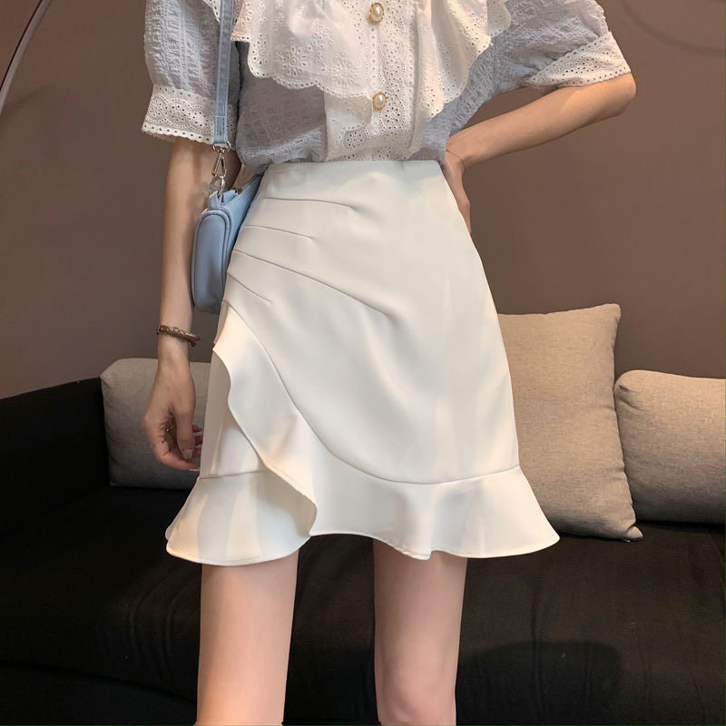 鱼尾裙半身裙女秋2021新款纯色高腰a字裙荷叶边包臀短裙白色裙子
