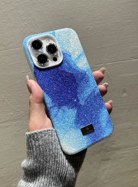 苹果15promax奢华珍珠细沙手机壳适用iPhone14轻奢超闪超亮油画ins风网红保护壳13硅胶超薄超强天蓝色12女款