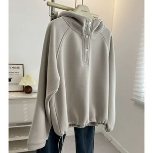 胖mm300斤大码 半开领连帽卫衣女秋冬宽松慵懒风加绒加厚上衣 时尚