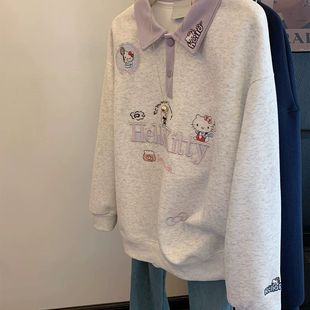 胖mm300斤大码 宽松KT猫撞色拼接上衣 学院风刺绣polo领卫衣女秋季