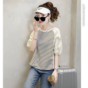 宽松设计感拼接别致上衣潮 t恤女夏季 胖mm300斤大码 假两件条纹短袖
