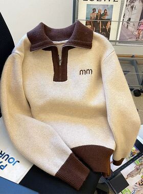 胖mm300斤大码半拉链连帽红色毛衣女秋冬宽松慵懒针织打底衫外穿