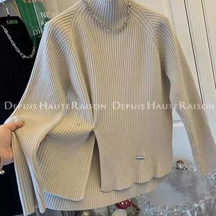 打底上衣 半高领开叉毛衣女秋冬胖mm宽松不规则针织衫 300斤大码