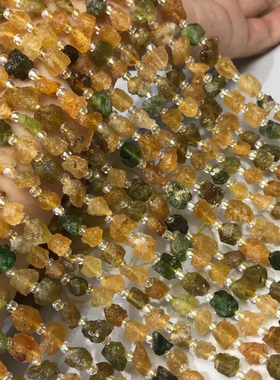 6-8MM天然水晶 黄绿碧玺哑光糖块原石随型散珠半成品手链项链配件