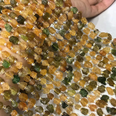 6-8MM天然水晶 黄绿碧玺哑光糖块原石随型散珠半成品手链项链配件
