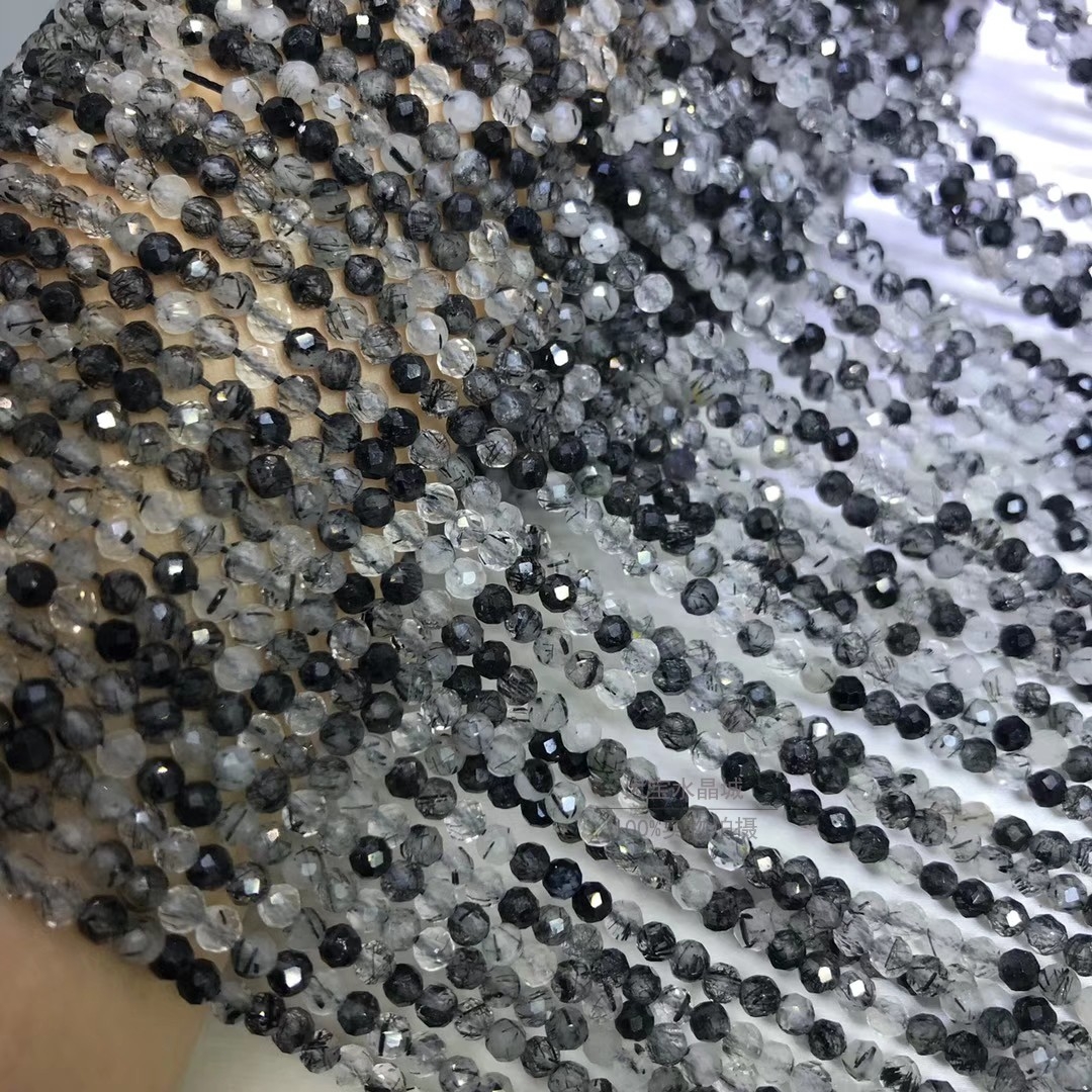 天然水晶黑发晶切面半成品散珠