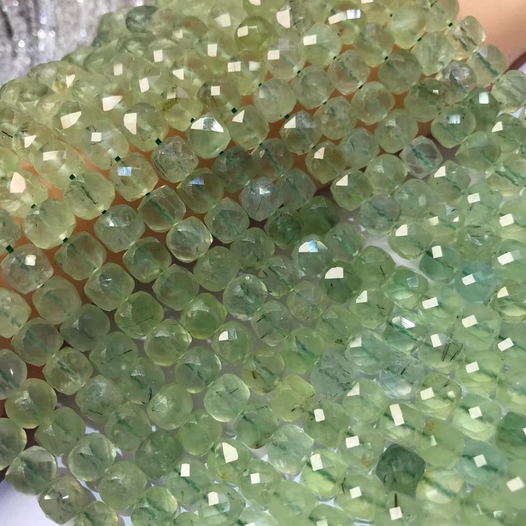 8MM 天然水晶 葡萄石切角方块钻石面方糖半成品散珠配珠饰品diy长