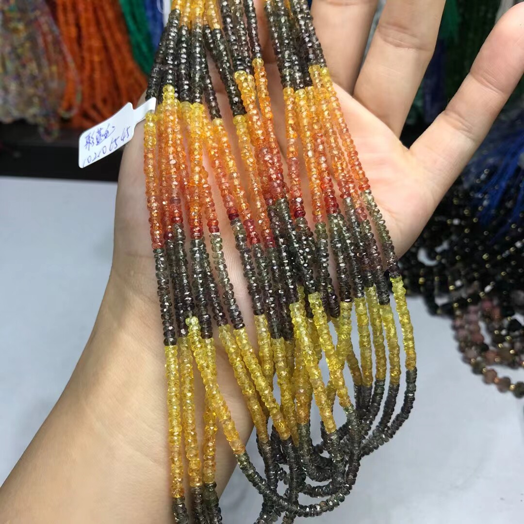 3-4MM天然水晶 渐变色彩黄蓝宝石切面盘珠 扁珠隔片散珠半成品