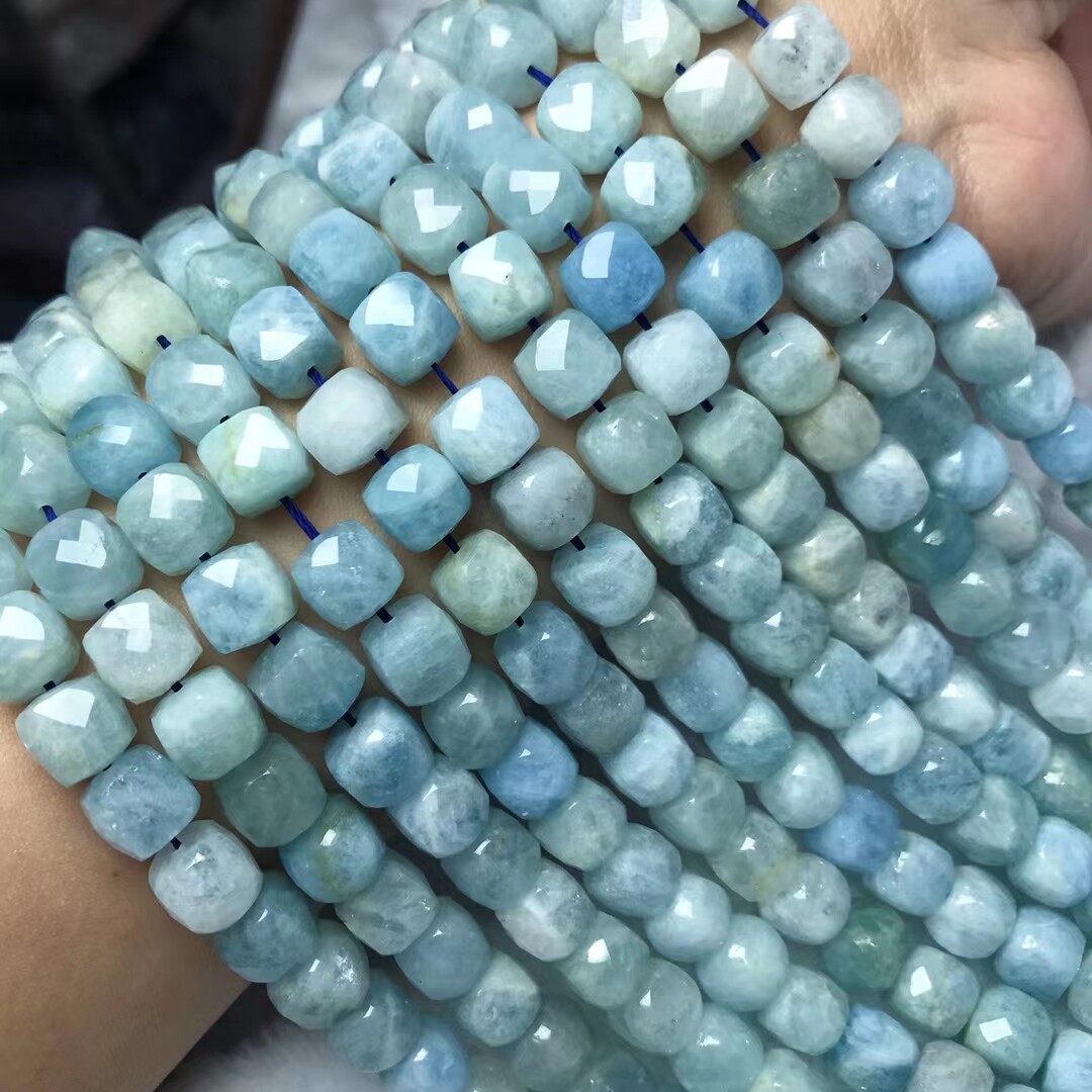 天然水晶 海蓝宝钻石面方块散珠 硬抛切面四方形半成品手链配件