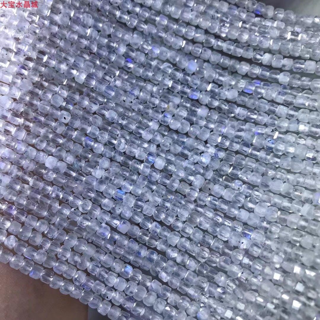 3mm 天然蓝月光方糖 立方块钻石面散珠 硬抛切面四方形半成品长链