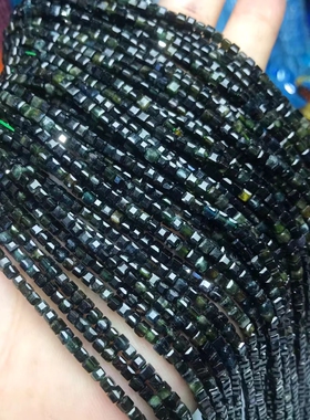 3MM天然水晶 深色绿碧玺方糖散珠半成品手链项链配件配珠饰品