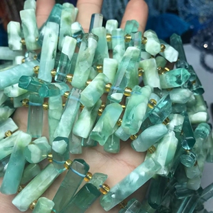 天然水晶 绿海纹天使石型侧孔项链珠散珠半成品手链项链配件