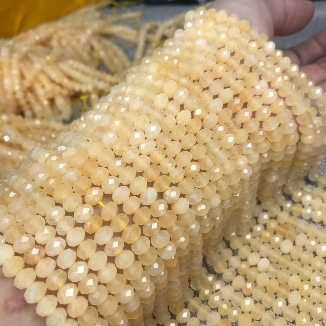 4*6MM天然水晶 米黄玉钻石面切面盘珠扁珠散珠半成品手链项链配件