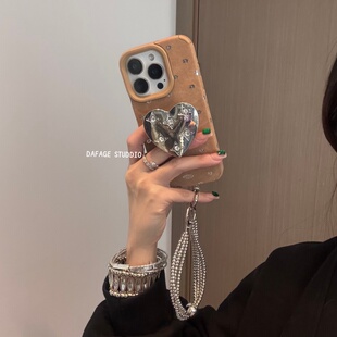 电镀银花朵爱心支架链条适用苹果14Promax手机壳16女16pro苹果17promax韩15苹果17