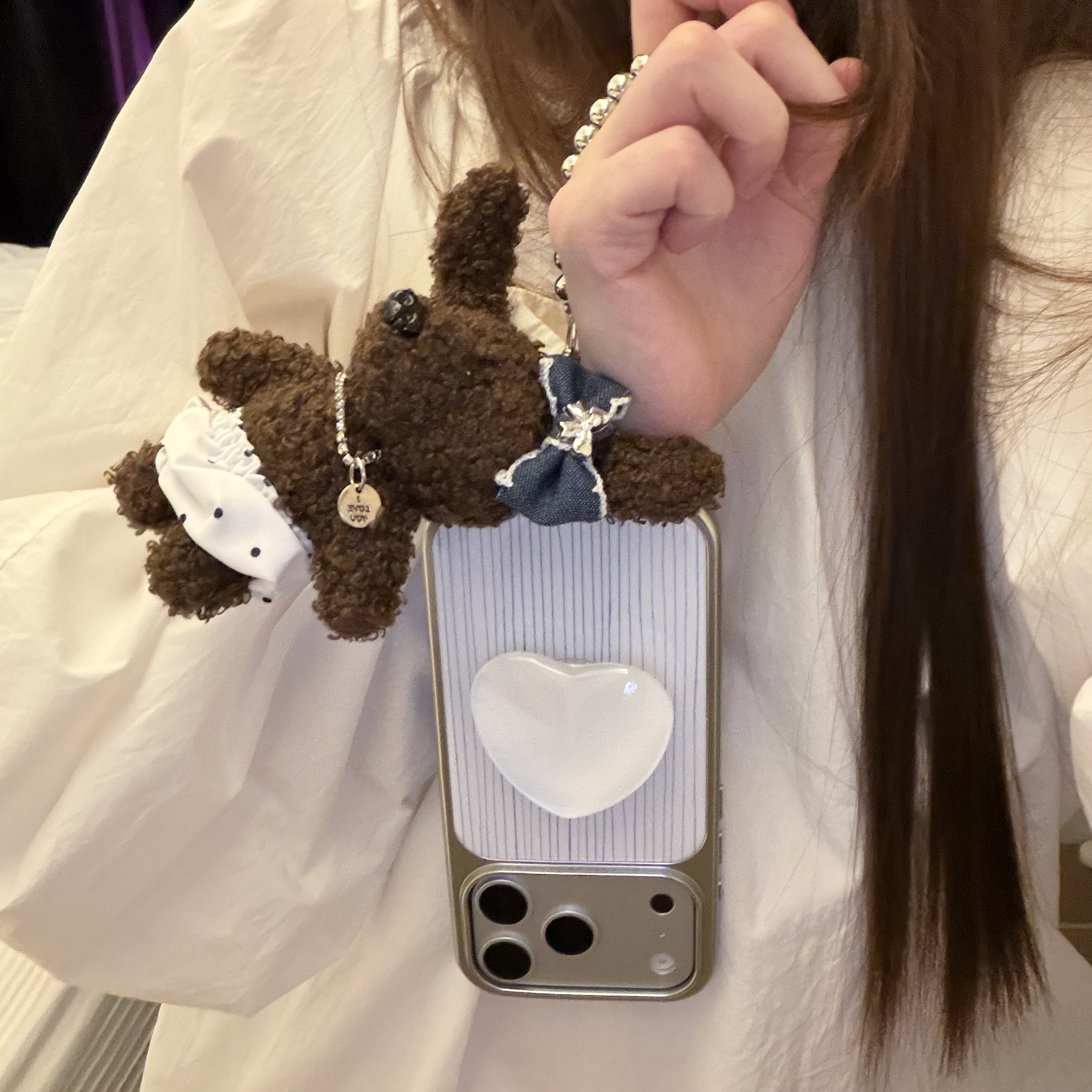 韩系ins简约蓝白条纹可爱小熊公仔手提适用15Promax手机壳16女16pro 17promax韩15女17Pro