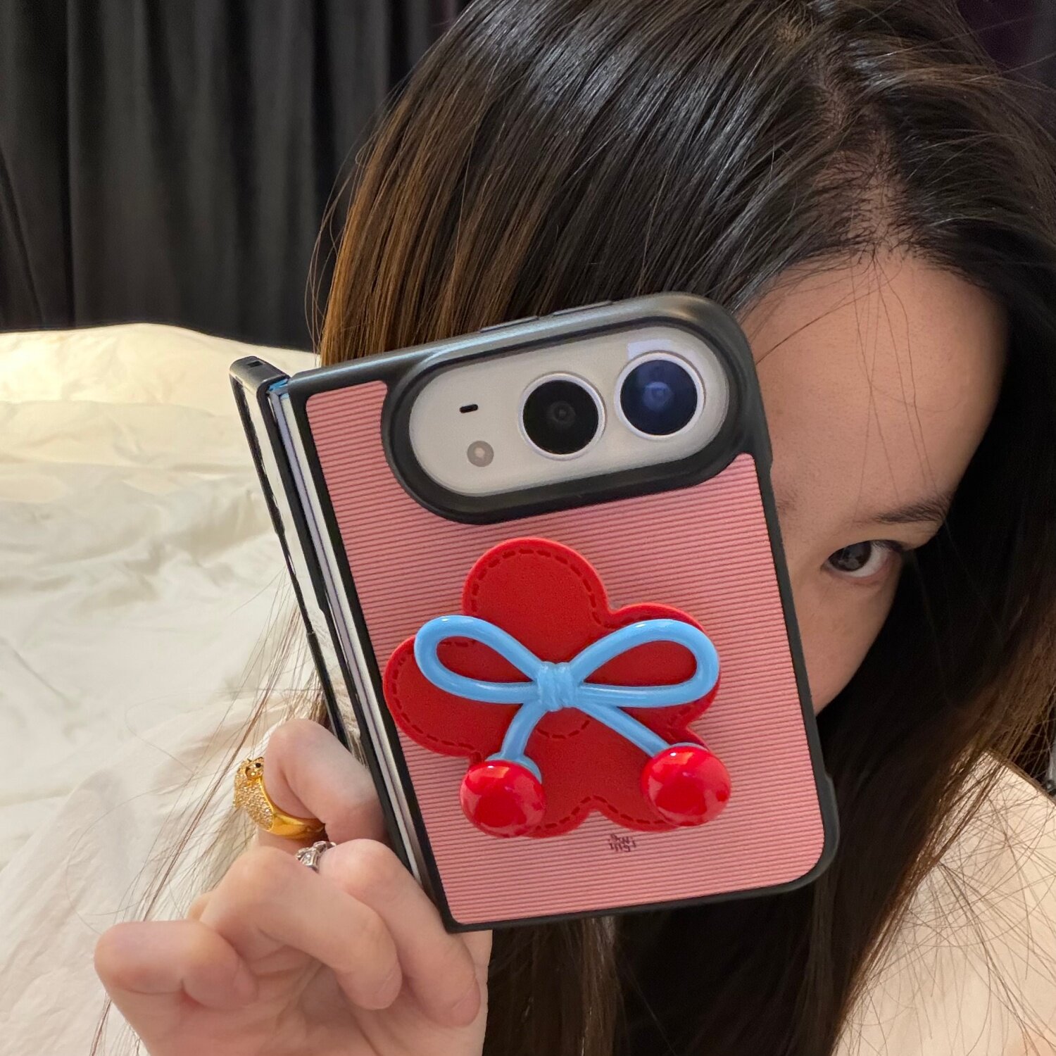 红色条纹花朵支架韩系适用iPhoneDuo手机壳苹果Duo少女心可爱防摔保护套
