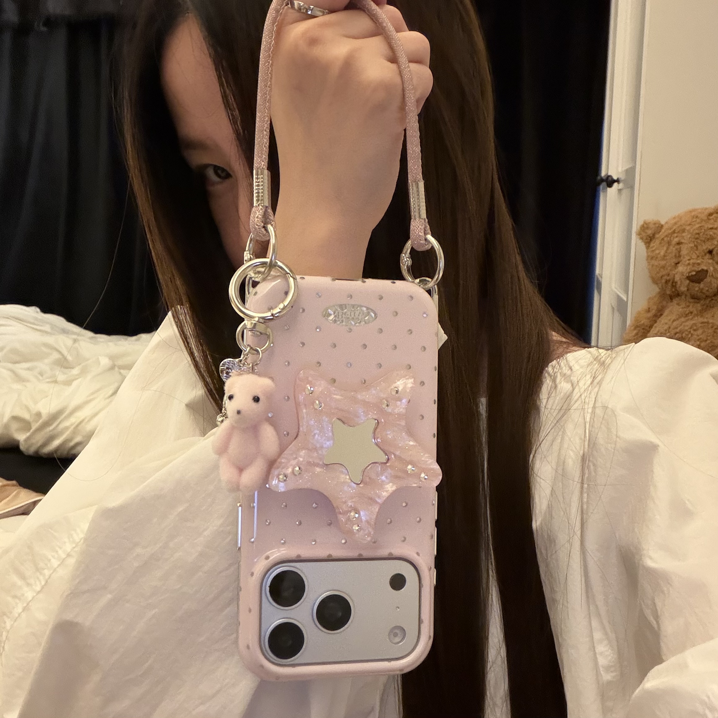 ins韩系名媛淑女粉波点海星镜面支架可爱闪粉手提适用18romax手机壳16女16pro 17promax韩15女17Pro小众15Pro