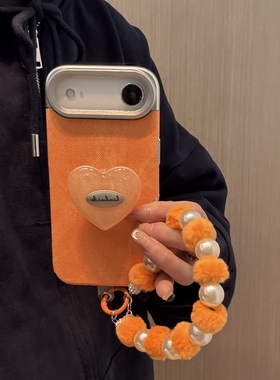 ins韩系橙色闪粉爱心支架秋冬气质毛绒手提适用苹果14Promax手机壳16女16pro苹果17promax韩15苹果17Air