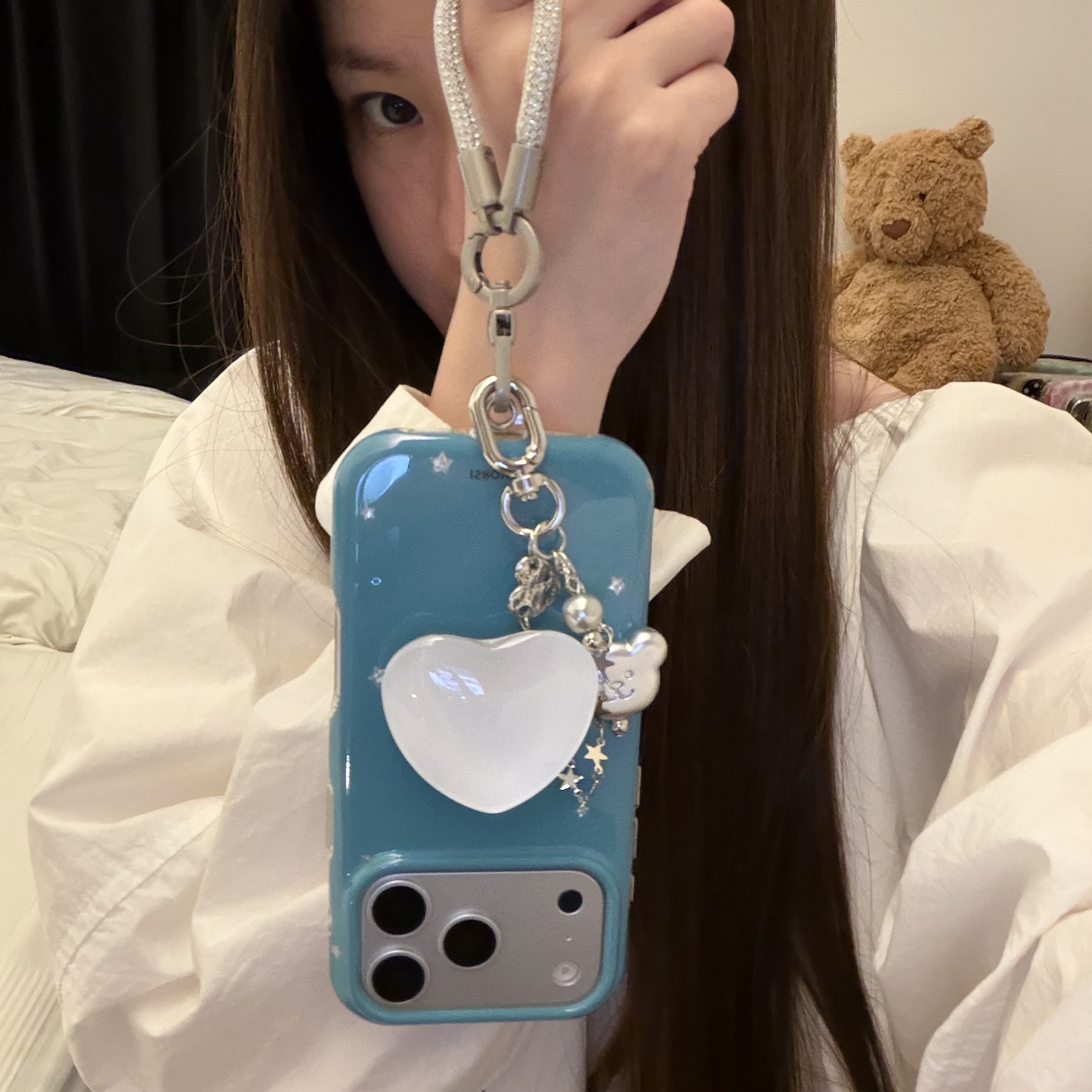 ins韩系宝石蓝彩色银星纯白爱心支架水晶银熊短绳适用15Promax手机壳16女16pro苹果17promax韩15女17Pro