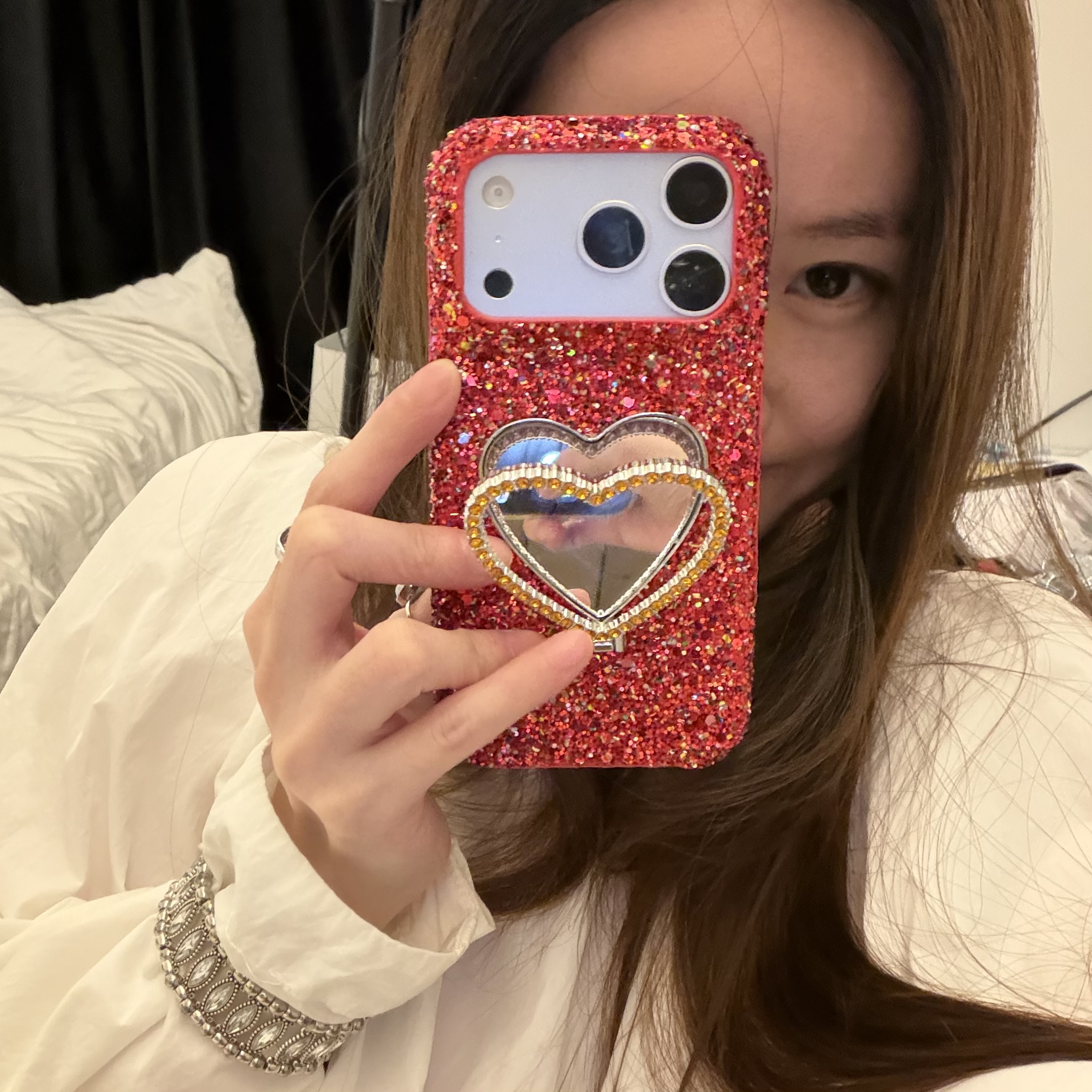 ins奢华红色闪钻简约镜面爱心支架适用苹果15Promax手机壳16女16pro苹果17promax韩15苹果17Pro