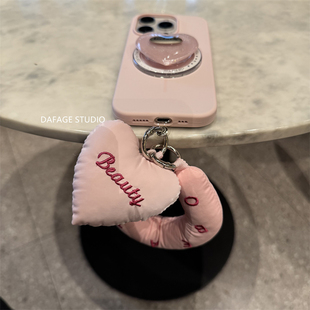 ins皮粉充棉爱心链条磁吸支架适用苹果14Promax手机壳16女13pro苹果17promax韩15