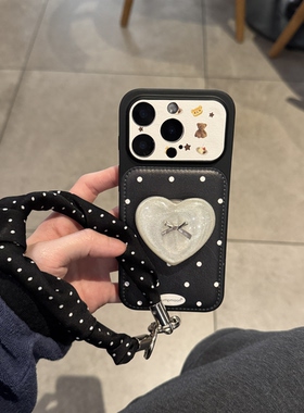 ins日韩赫本黑波点气质闪粉支架简约手提适用苹果14Promax手机壳16女16pro苹果17promax韩15苹果17