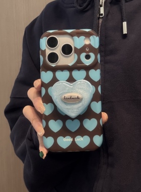 ins日韩气质撞色蓝色爱心咖色闪粉支架适用苹果14Promax手机壳16女16pro苹果17promax韩15苹果17