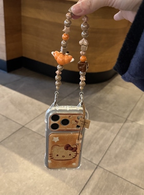 ins韩系可爱焦糖棕凯蒂猫耳透明彩珠手提适用苹果14Promax手机壳16女16pro苹果17promax韩15苹果17