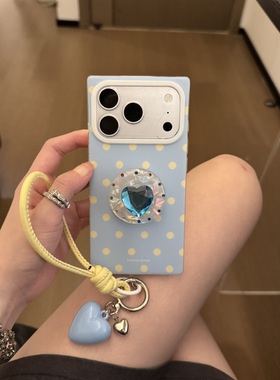 韩系ins原创夏季蓝色波点方形手机壳芭比蓝宝石支架适用苹果14Promax手机壳16女16pro苹果17promax韩15苹果17
