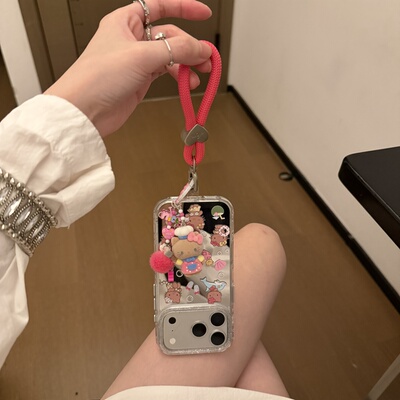 韩系ins原创镜面可爱猫咪玫红爱心夏威夷手提适用苹果15Promax手机壳16女16pro苹果17promax韩15苹果17Pro