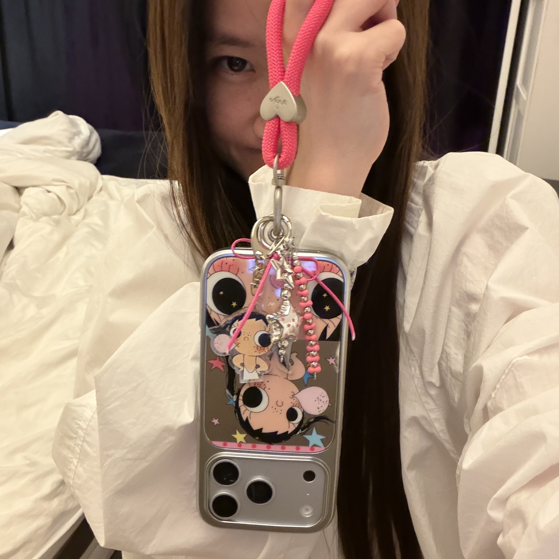 韩系ins镜面卡通可爱女孩玫红爱心短绳适用苹果15Promax手机壳16女16pro苹果17promax韩15苹果17Pro