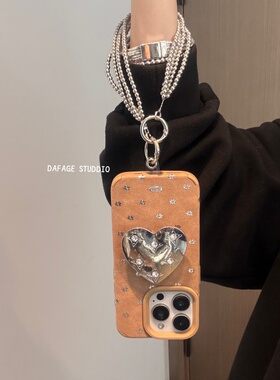 ins绒布花朵金属爱心支架链条适用苹果14Promax手机壳16女16pro苹果17promax韩15苹果17