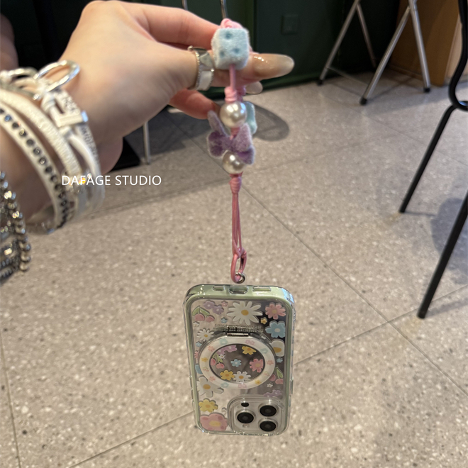 ins镜面花朵指环支架链条适用苹果14Promax手机壳16女13pro苹果15promax韩15
