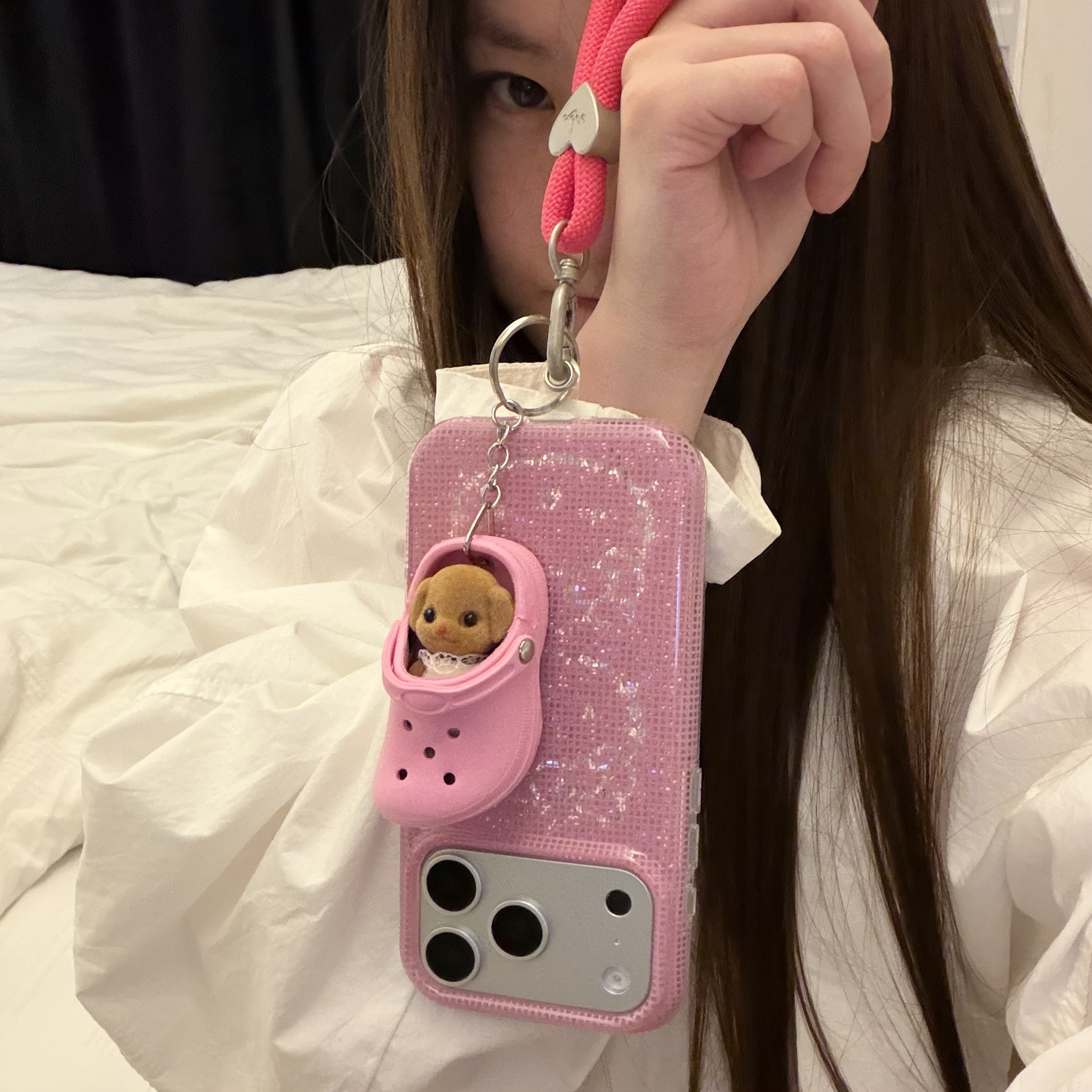ins爆闪格纹闪粉猫咪可爱拖鞋小狗手提适用苹果15Promax手机壳16女16pro苹果17promax韩15苹果17Pro