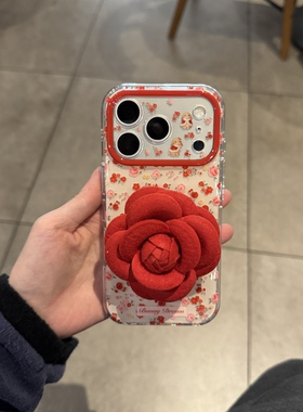 ins韩系气质复古布艺花朵支架红色碎花适用苹果14Promax手机壳16女16pro苹果17promax韩15苹果17