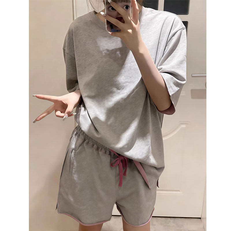 可外穿韩系ins粉灰撞色夏季T恤睡衣女慵懒风春短裤短袖家居服套装