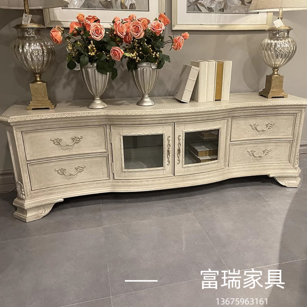 美式复兴印记家具电视柜法式实木雕花储物柜子复古做旧电视柜