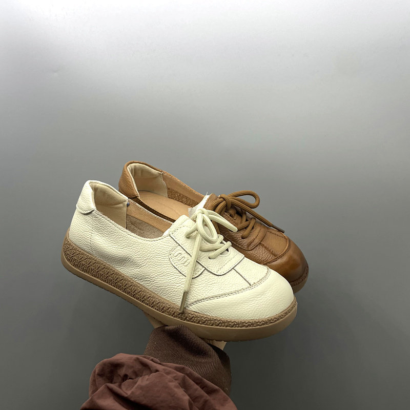 外贸撤柜处理2025春季新款真皮圆头浅口系带软底休闲皮鞋女士单鞋