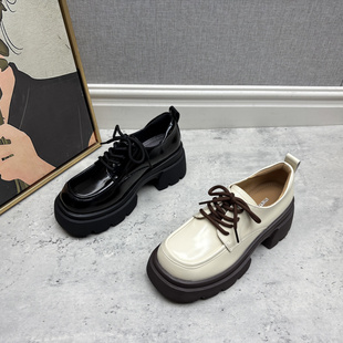 2026春季新款英伦风厚底乐福鞋真皮系带圆头粗跟百搭舒适女单鞋