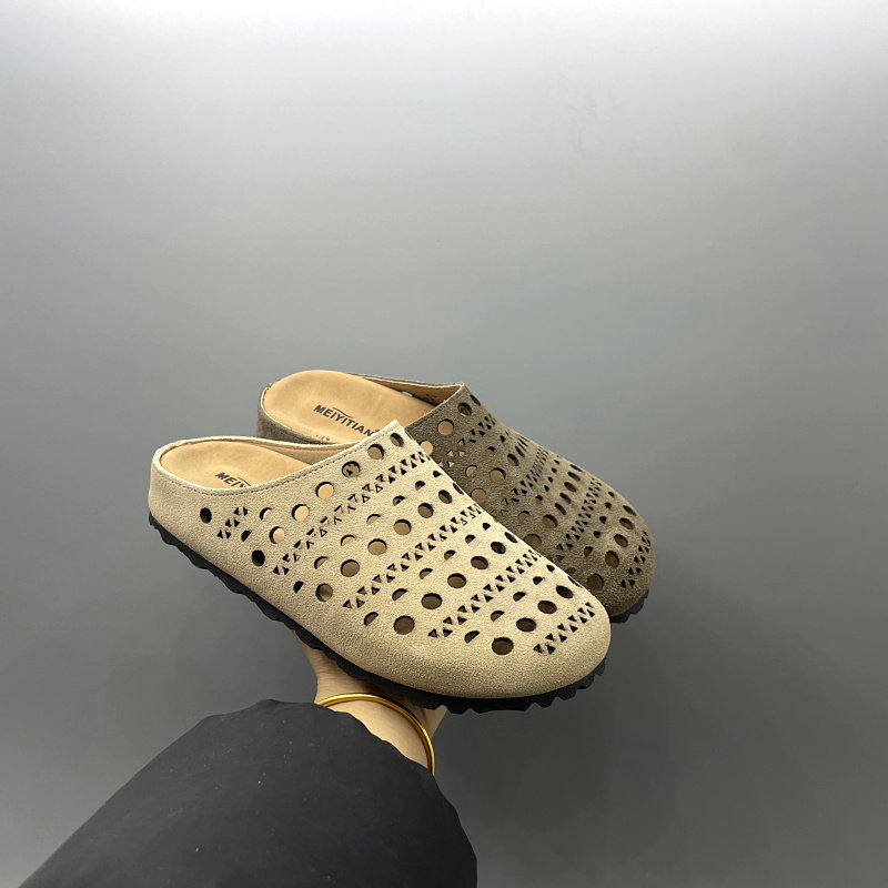 工厂处理2025夏季新款真皮磨砂牛皮洞洞鞋软底外穿包头勃肯女拖鞋