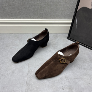 女单鞋 方头深口英伦风套脚粗跟羊反绒优雅乐福鞋 真皮女鞋 工厂断码