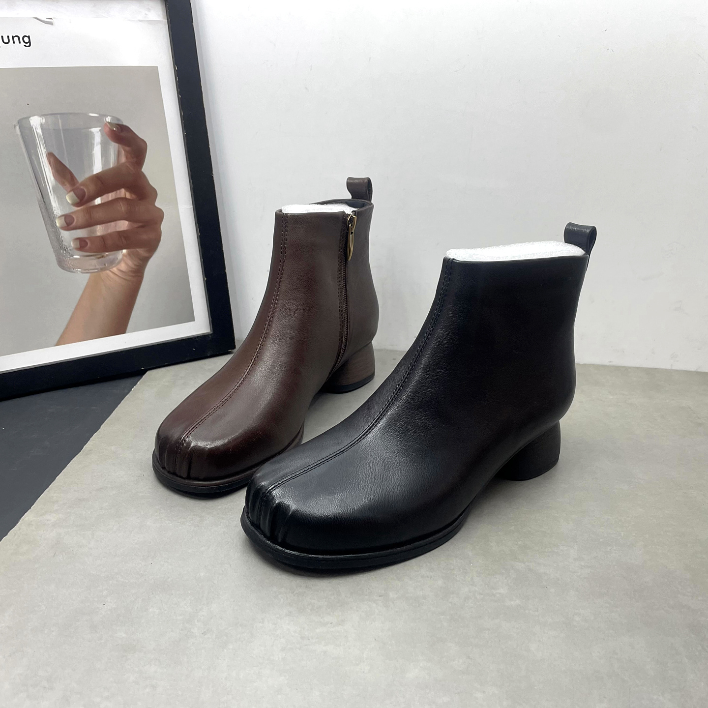 断码处理真皮女鞋方头粗跟侧拉链百搭瘦瘦靴气质女靴加绒保暖棉靴