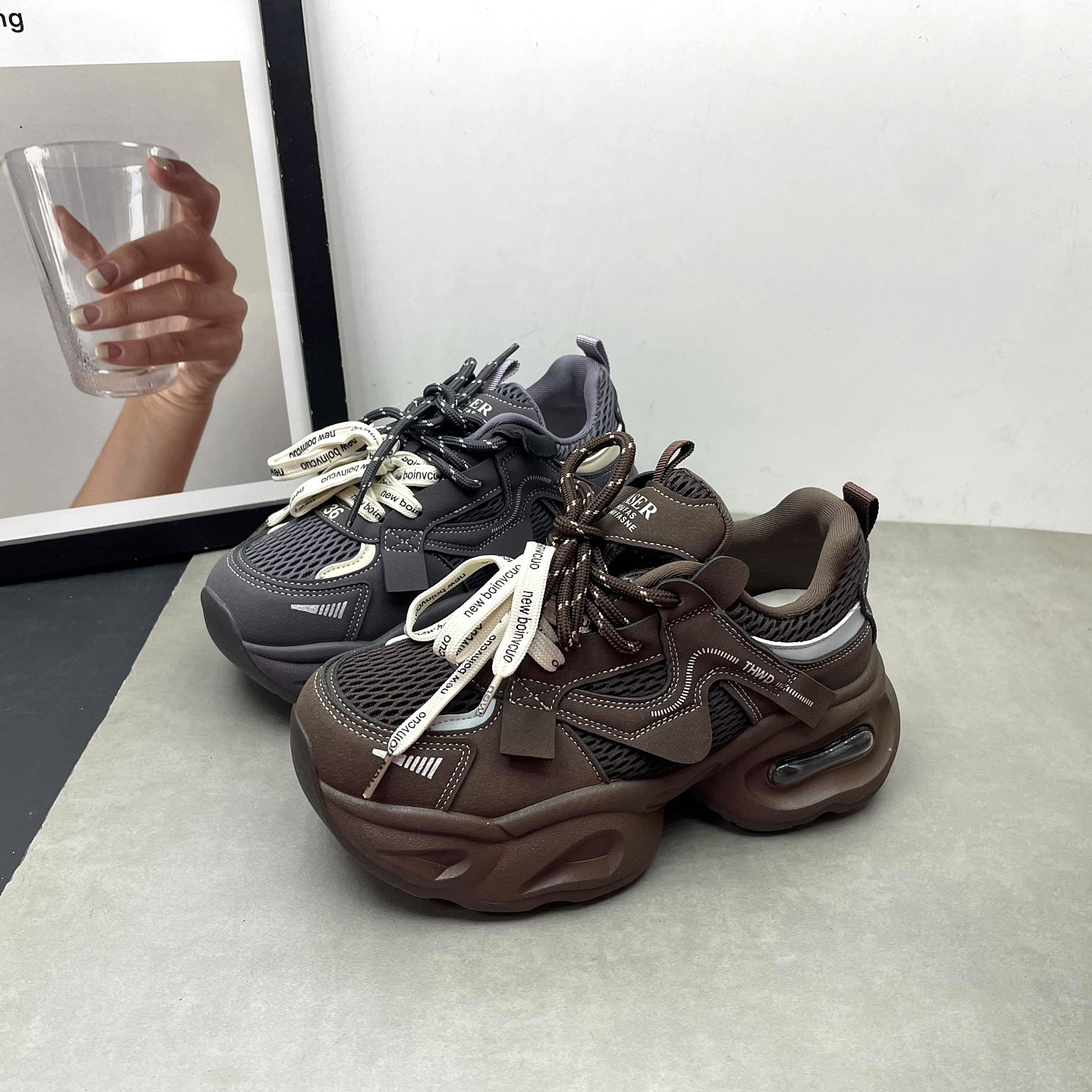 2026春季新款女鞋圆头深口双色系带复古增高老爹鞋运动鞋女士单鞋,女鞋,深口单鞋,淘宝优惠券,粉丝福利购,淘宝优惠卷