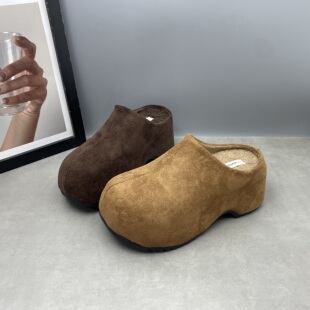 2025秋冬新款时尚松糕厚底英伦风复古包头外穿半拖加绒保暖女拖鞋