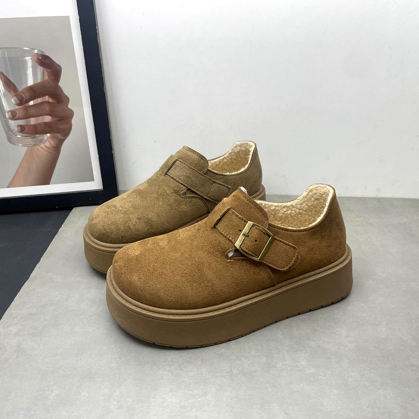 2025冬季新款圆头深口系带增高厚底加绒保暖一脚蹬复古勃肯鞋女鞋,女鞋,棉鞋,淘宝优惠券,粉丝福利购,淘宝优惠卷