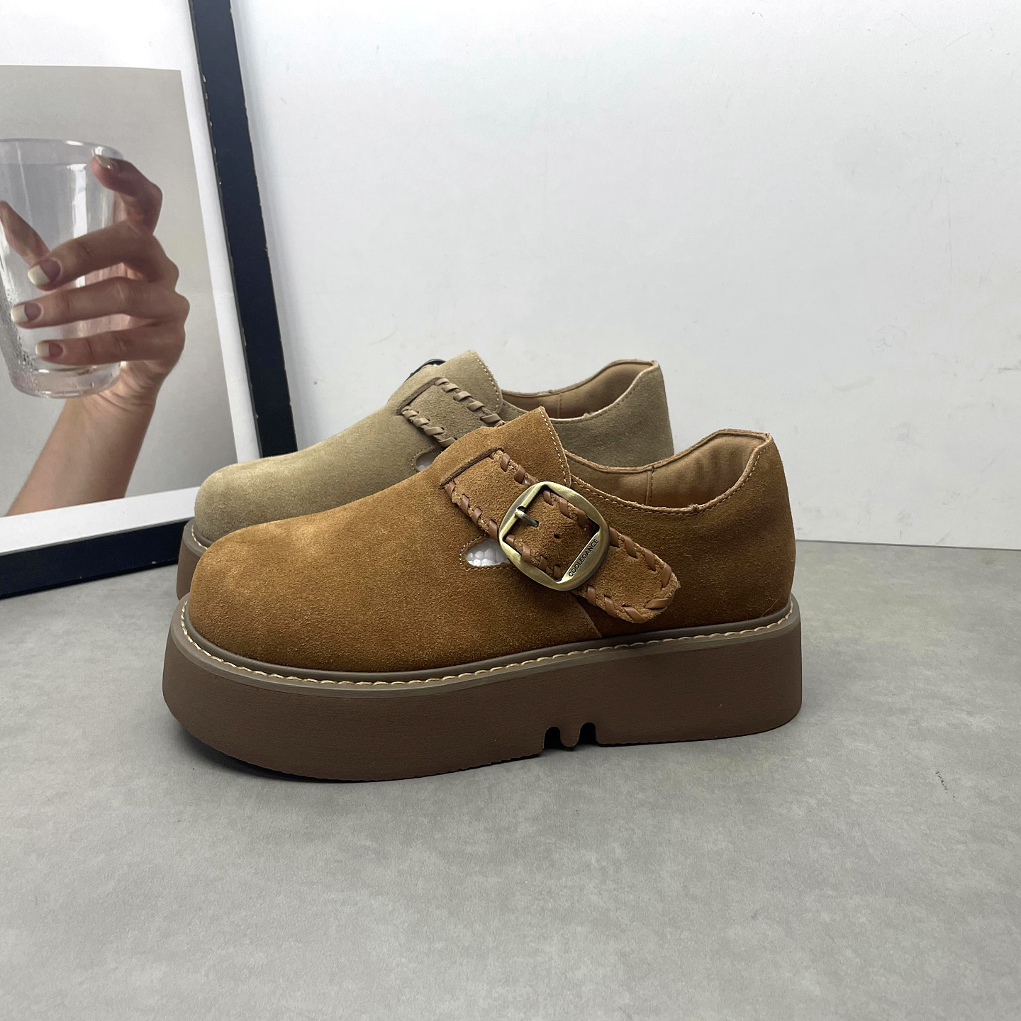 全真皮勃肯鞋2025秋季新款一脚蹬松糕厚底增高磨砂牛皮休闲女单鞋